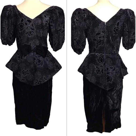 Vintage 80s Pantagis Evening Glitter Party Cocktail Velvet Wiggle Prom Dress Med - Picture 1 of 16